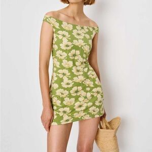 Lia knit lovebird reformation mini dress green floral off shoulder xs